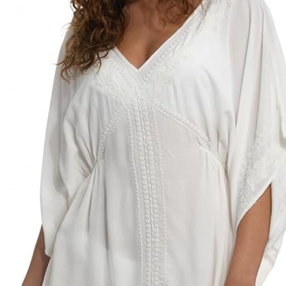 Sunshine 79 Women's Short Sleeve Tunic Cover Up Dress Embroidered White